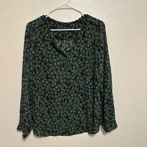 Talbots Peacock Feather Print Blouse Size M Boho Split Neck 3/4 Sleeve